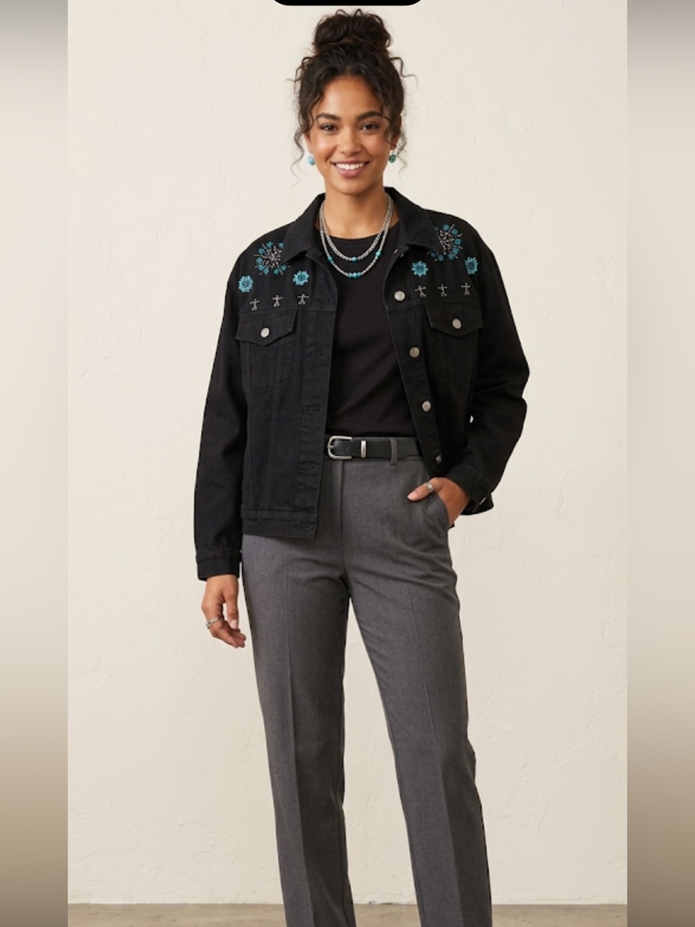 Vintage Carole Little Sport Beaded Black Denim Jacket - Size 6